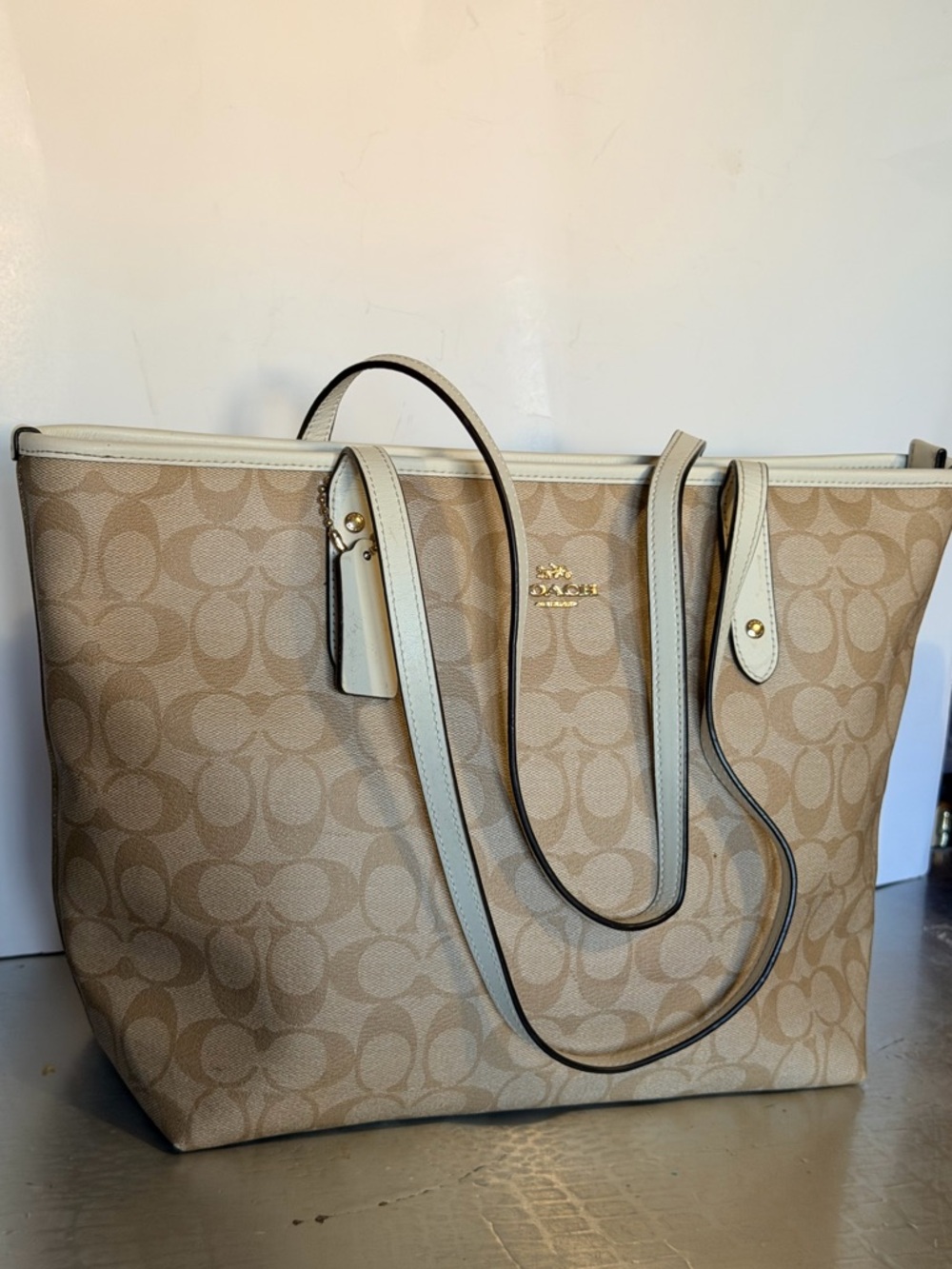 Coach Beige Signature Tote with White Trim and Gold Hardware